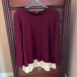 Basil Lola Burgundy Sweater with Lace Hem Large